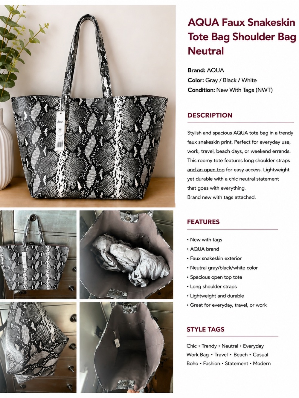 Aqua‎ Faux Snakeskin Tote in Gray Black White